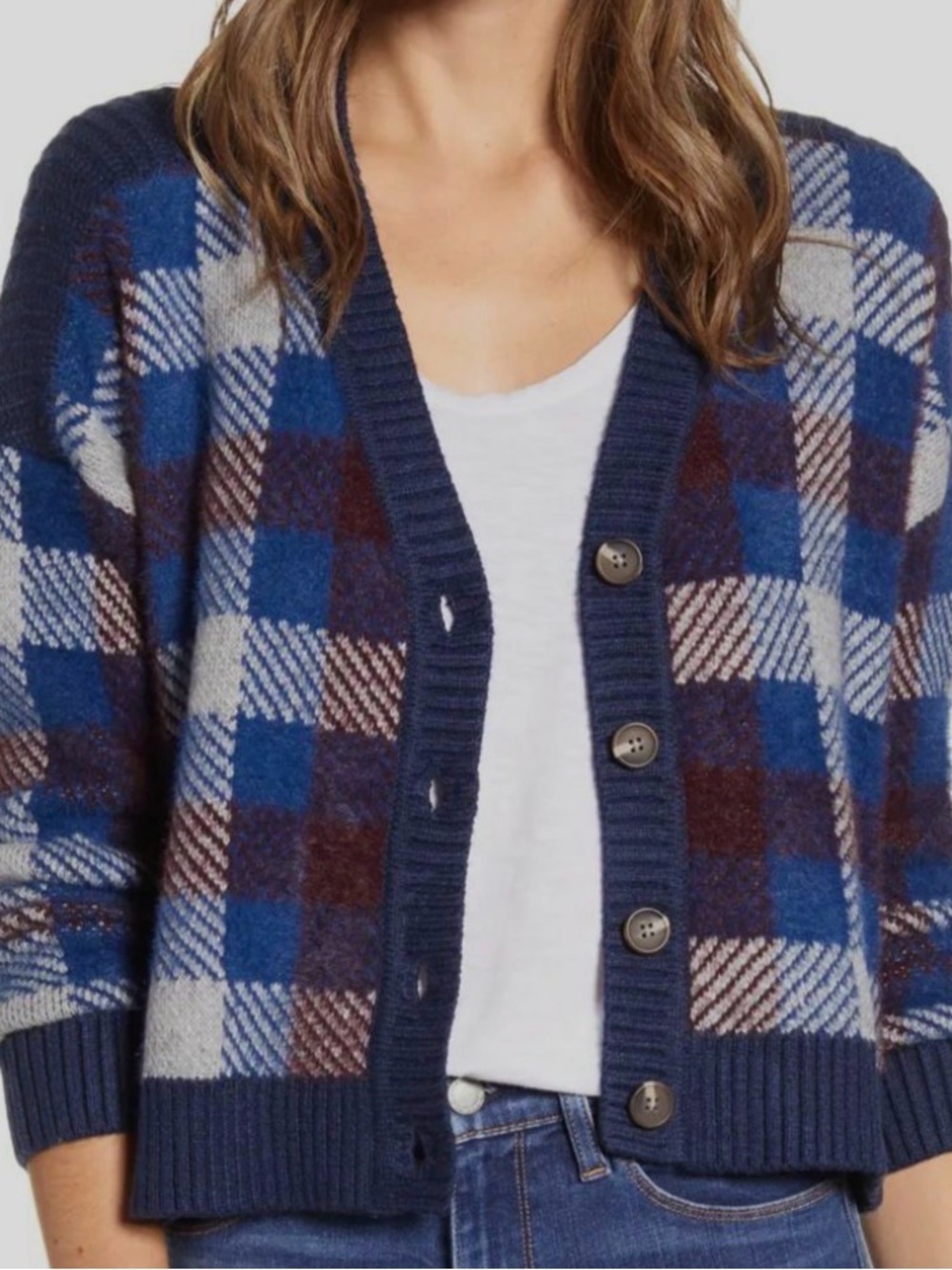 1. State Navy Blue Plaid Button Cardigan